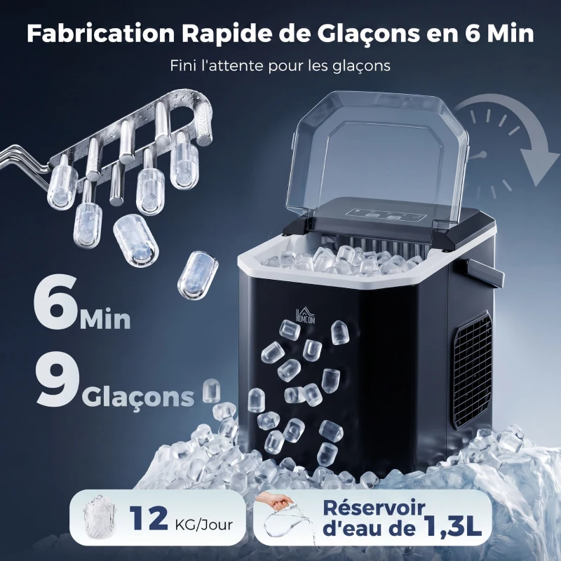 HOMCOM Macchina del Ghiaccio Autopulente da 9 Cubetti in 6-13 Minuti, in PP e Rame, 22.2x29.4x29 cm, Nera