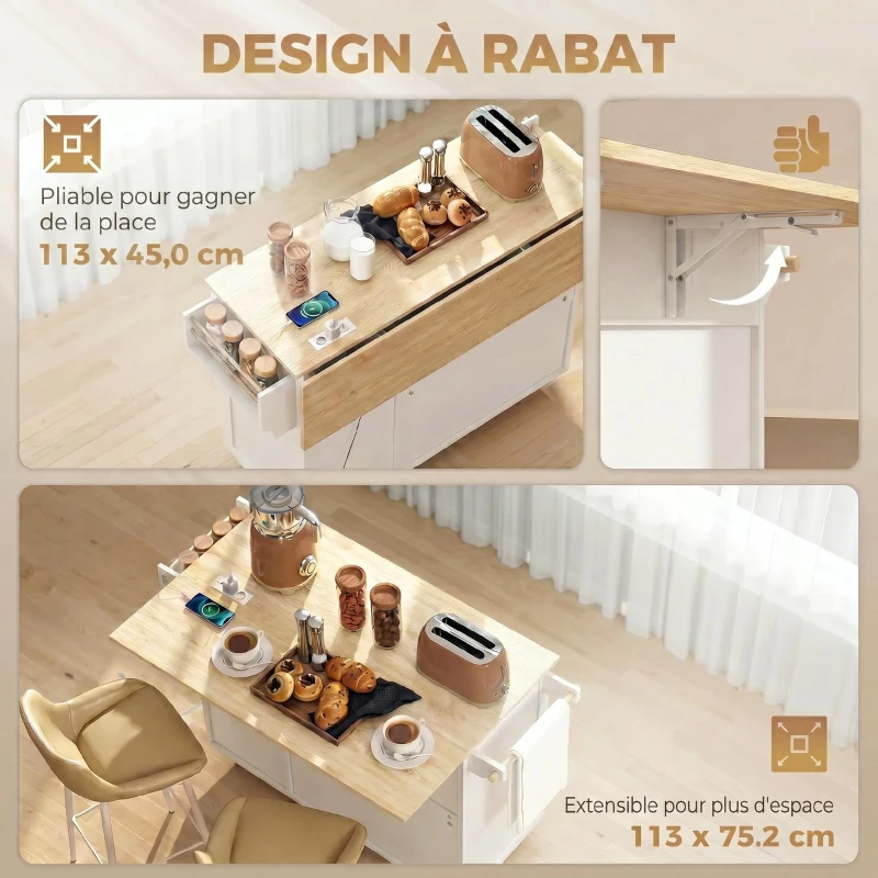 HOMCOM Îlot Central Cuisine avec Plateau Rabattable 2 Prises et 2 Ports USB Desserte de Cuisine sur Roulettes 3 Tiroirs Blanc
