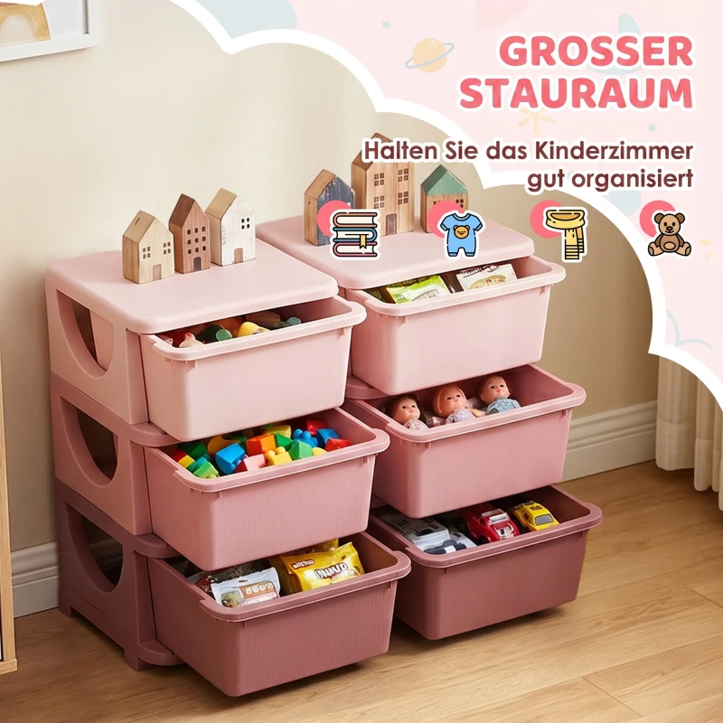 HOMCOM Aufbewahrungsbox für Kinder, Kinder-Aufbewahrungsbox, 3 Schubladen, Rosa