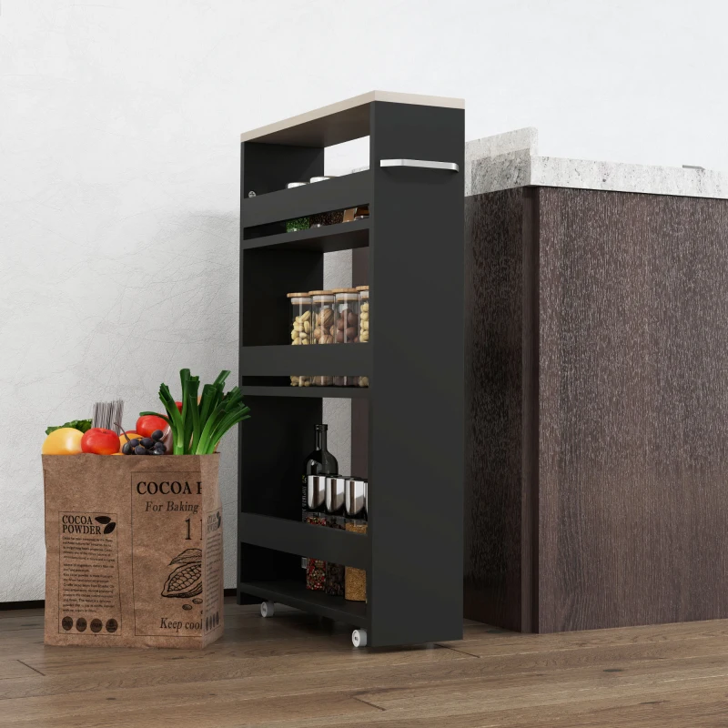kleankin Carrito Auxiliar con Ruedas de 3 Niveles Carrito de Cocina Estrecho con 3 Estantes Tablero y Asa 48x15x80 cm Negro