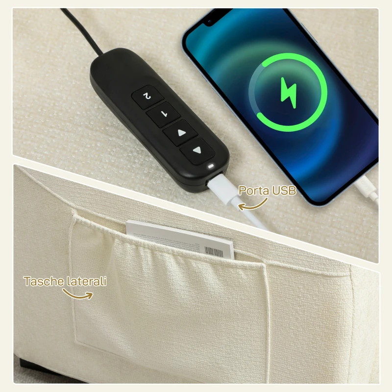 HOMCOM Poltrona Reclinabile 150° Effetto Velluto con Poggiapiedi, Telecomando e Tasca Laterale, 96x90x105 cm, Bianca