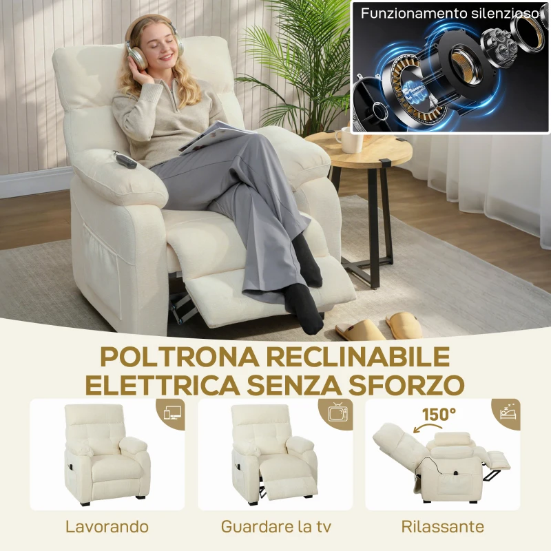HOMCOM Poltrona Reclinabile 150° Effetto Velluto con Poggiapiedi, Telecomando e Tasca Laterale, 96x90x105 cm, Bianca