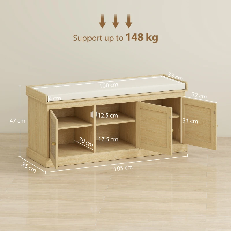 HOMCOM Banc chaussures entrée 9 paires, banc de rangement, 3 portes en rotin, coussin et étagère réglable, 105x35x47cm, chêne
