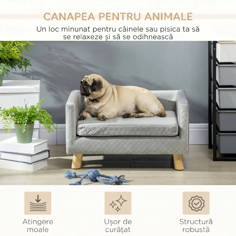 PawHut Canapea pentru câini și pisici stil scandinav cu pernă din catifea și lemn, 64x45x36cm, gri