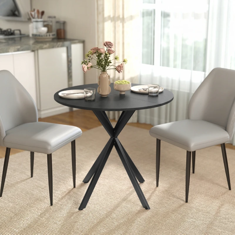 HOMCOM Table à Manger Ronde pour 2 Personnes avec Plateau Aspect Bois et Piètement Croisé en Acier, Noir