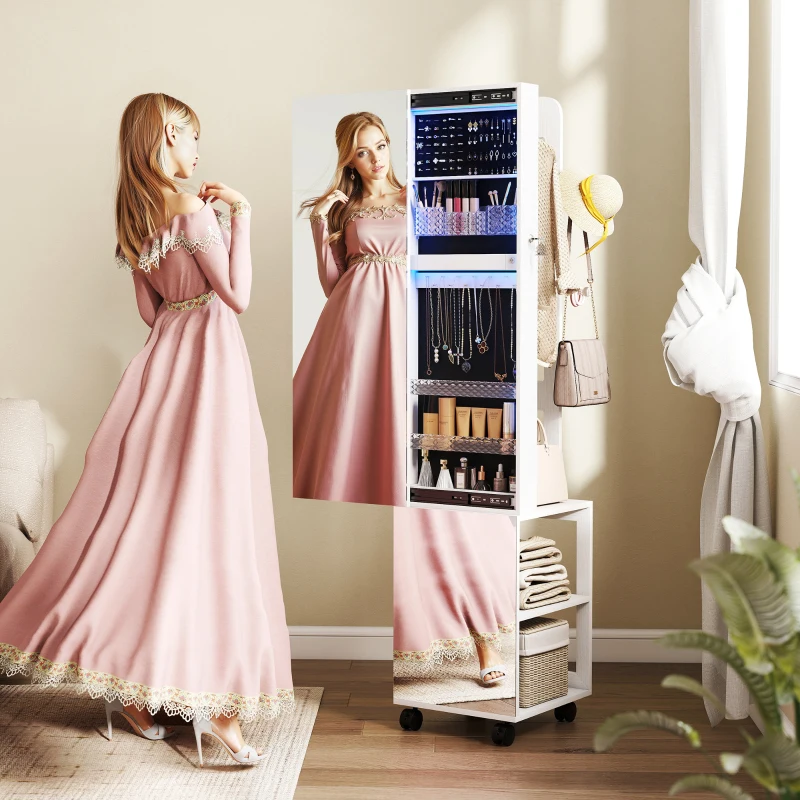 HOMCOM Armoire à bijoux armoire avec miroir sur pied pivotante à 360° éclairage LED 37x40x165,5cm cadre blanc, doublure noire