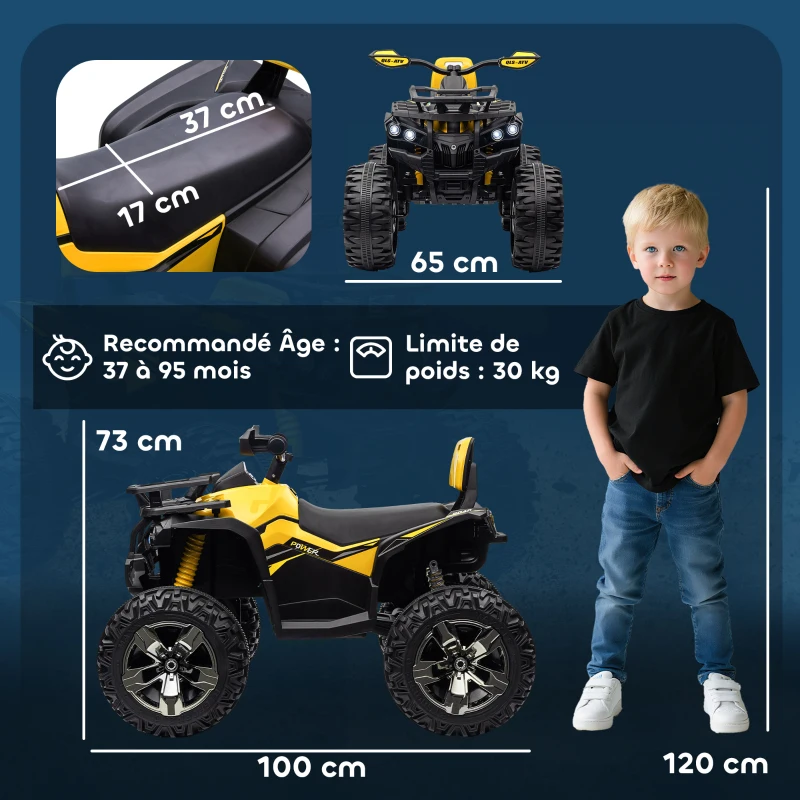 HOMCOM Quad Buggy électrique Enfant 12 V 8 Km/h Max. Voiture électrique Enfant avec Effets Lumineux sonores Selle avec Dossier Porte-Bagage Avant métal PP Jaune Noir(m-3)
