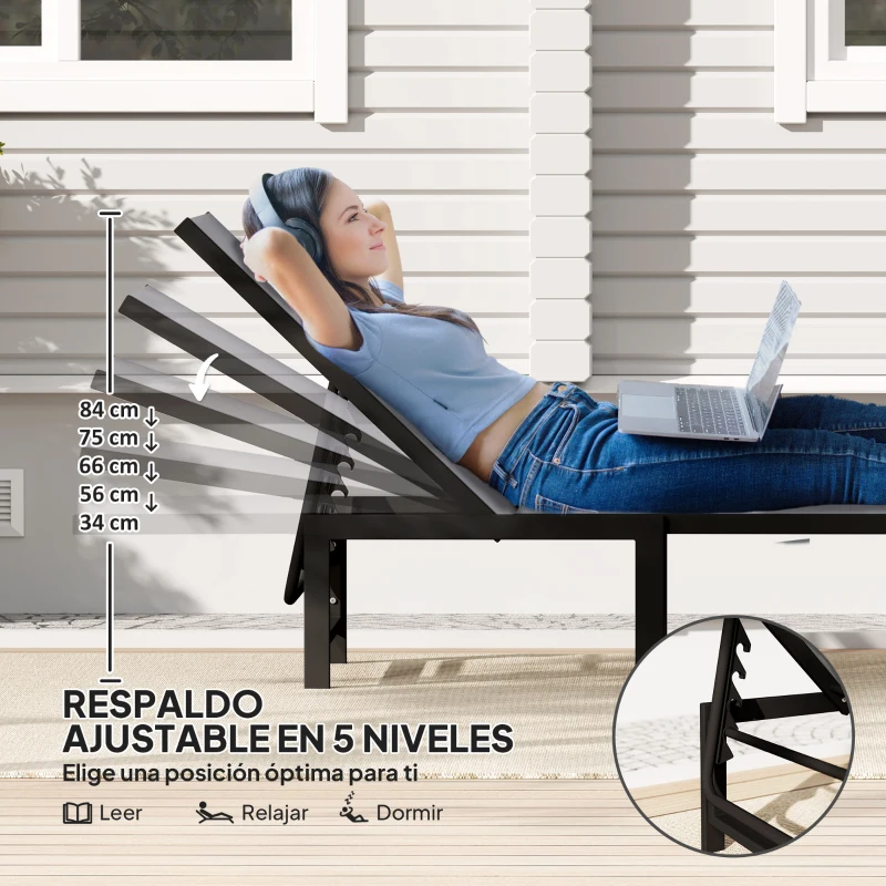 Outsunny Tumbona Reclinable de Jardín Exterior con Respaldo Ajustable en 5 Posiciones y Marco de Acero 166x60x84 cm Gris