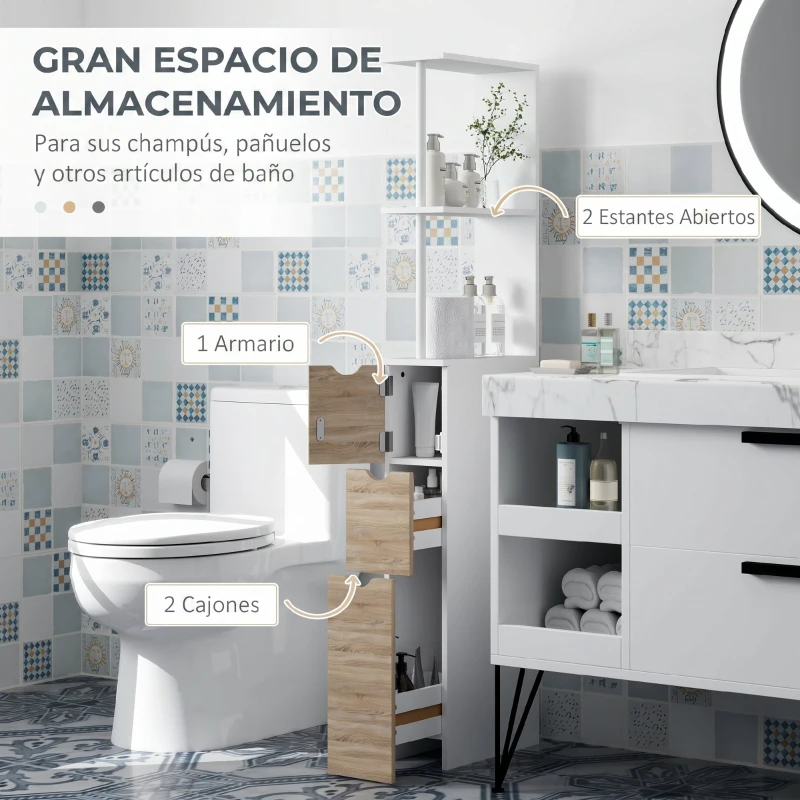 HOMCOM Columna de Baño Moderno Mueble Auxiliar de Baño con 2 Estantes 2 Cajones y 1 Puerta Antivuelco 15x33x136,8 cm Natural