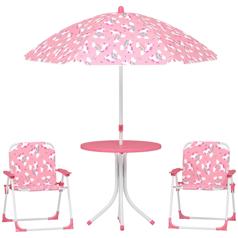 AIYAPLAY Salon de jardin enfant, table enfant avec 2 chaises pliantes et parasol amovible Ø 100 cm, motif jungle, rose