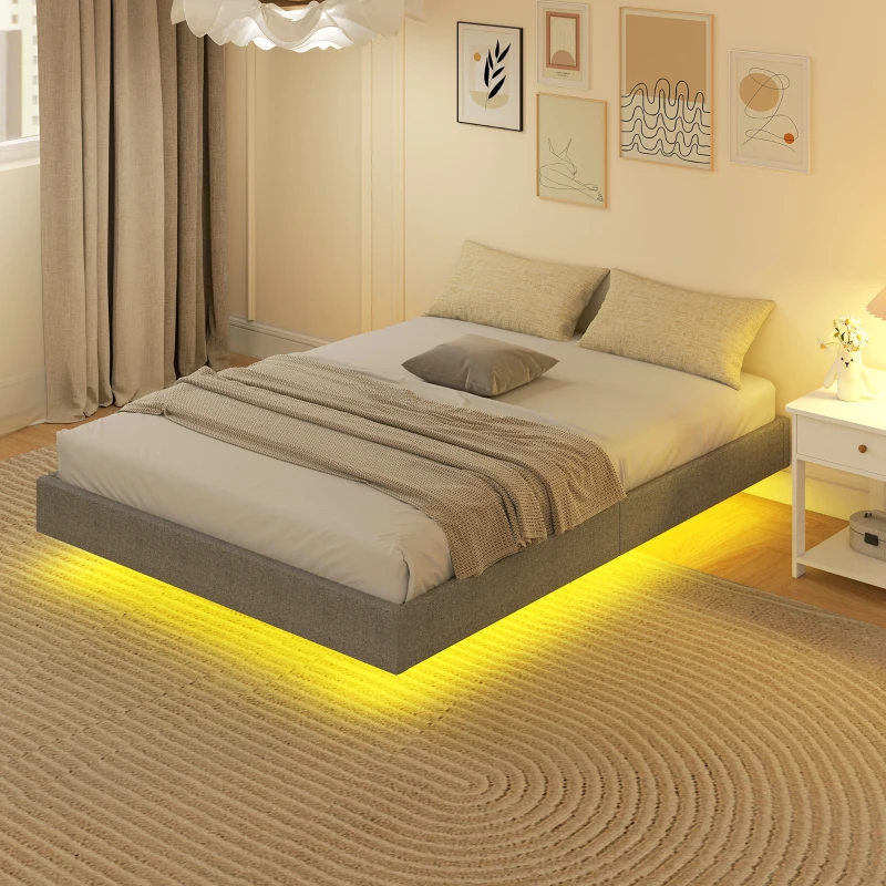 HOMCOM Somier 140x190 cm con Luces LED Estructura de Cama Tapizado en Lino Láminas de Madera Fácil de Montar Gris