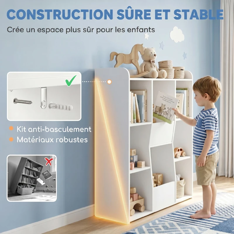 AIYAPLAY Meuble rangement enfant, bibliothèque enfants avec 8 compartiments et étagère supérieure, 104 x 29 x 101,5 cm, blanc