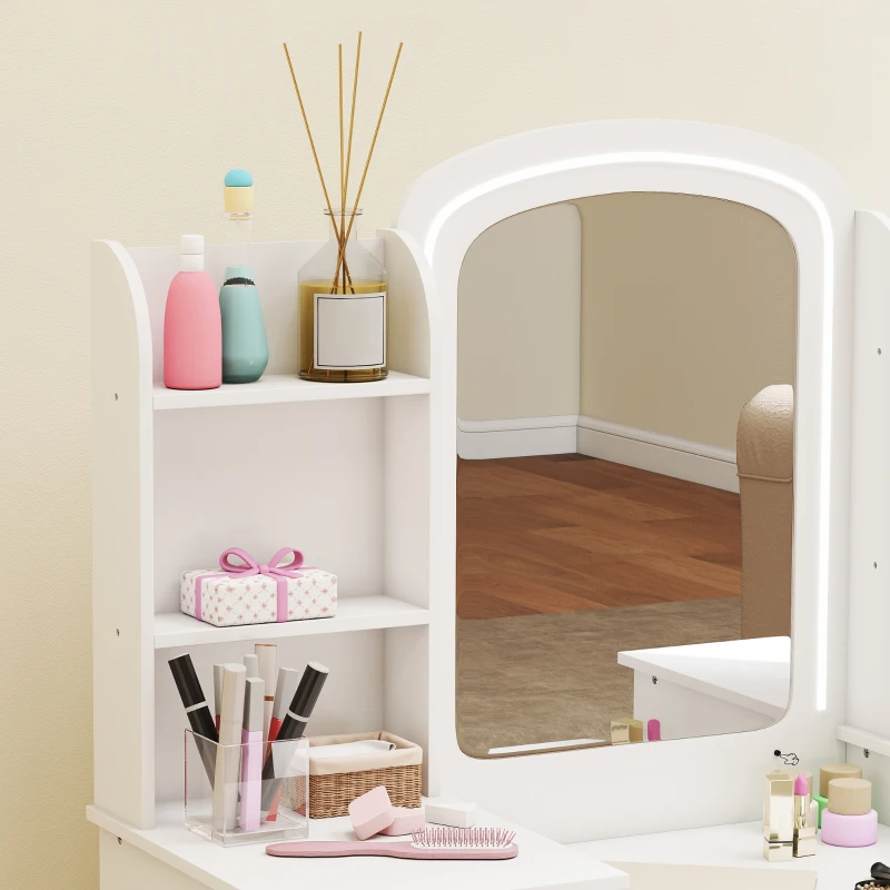 AIYAPLAY Coiffeuse pour enfants avec tabouret et miroir LED, table de maquillage pour 3 à 8 ans, 104 x 40 x 112 cm, blanc