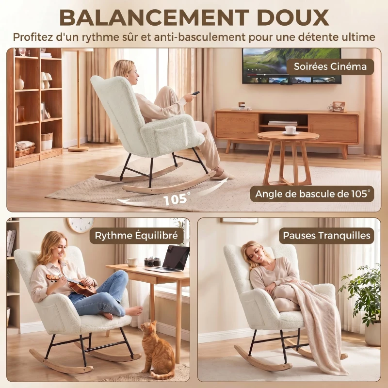 HOMCOM Fauteuil à Bascule, Rocking Chair en Peluche Teddy, Poches Latérales, Dossier à Oreilles Capitonné, Crème