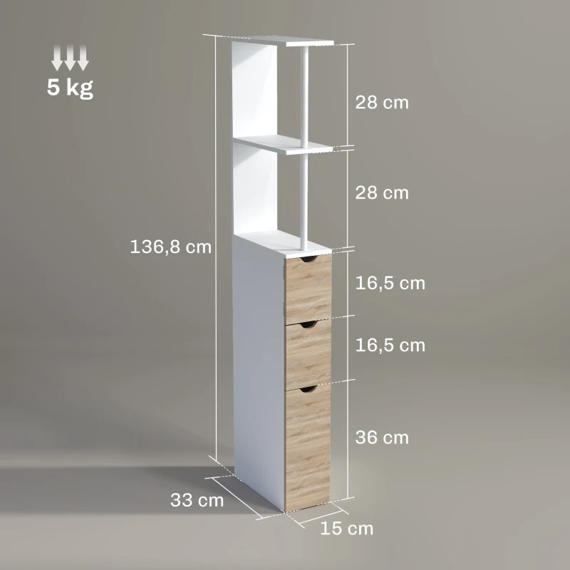 HOMCOM Columna de Baño Moderno Mueble Auxiliar de Baño con 2 Estantes 2 Cajones y 1 Puerta Antivuelco 15x33x136,8 cm Natural