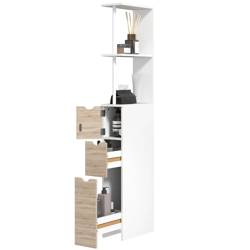 HOMCOM Columna de Baño Moderno Mueble Auxiliar de Baño con 2 Estantes 2 Cajones y 1 Puerta Antivuelco 15x33x136,8 cm Natural