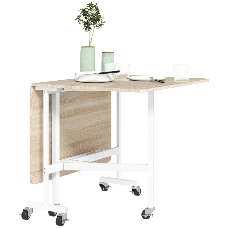 HOMCOM Table à Manger Pliante sur Roulettes pour 4-6 Personnes 120 cm, Roues avec Freins, 2 Abattants, Style Industriel, Chêne