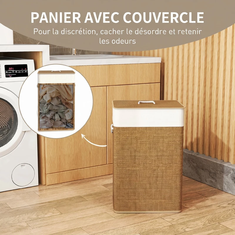 HOMCOM Panier à linge 72 L, corbeille à linge sale en bambou avec couvercle, poignées en corde, doublure amovible, marron