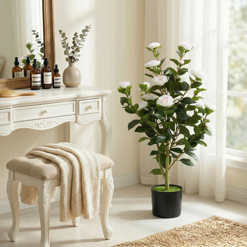 HOMCOM Plantă Artificială Camelie, Flori Realiste, 176 Frunze PEVA, Ghiveci PP, Alb