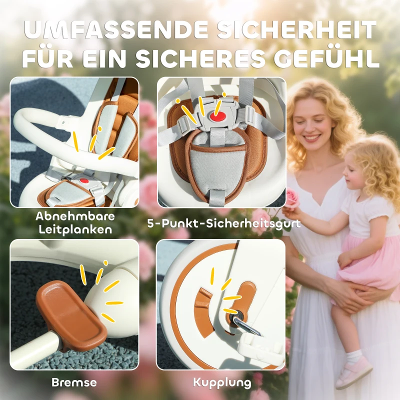 AIYAPLAY Kinderdriewieler, omvormbare babybuggy, 5-in-1 design, afneembare duwstang, verstelbaar, veiligheidsgordel, opbergzak, 1-3 jaar, Crèmewit
