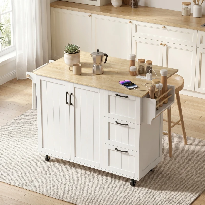 HOMCOM Îlot Central Cuisine avec Plateau Rabattable 2 Prises et 2 Ports USB Desserte de Cuisine sur Roulettes 3 Tiroirs Blanc