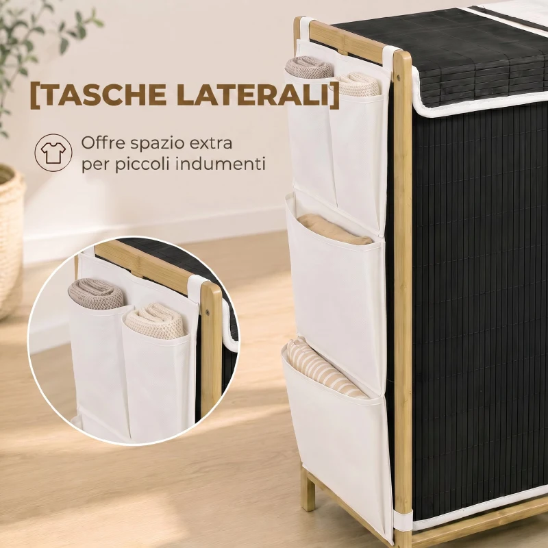 HOMCOM Cesto Portabiancheria 2 Scomparti 120L con Coperchi, Tasche Laterali, Sacchi Estraibili per Camera da Letto