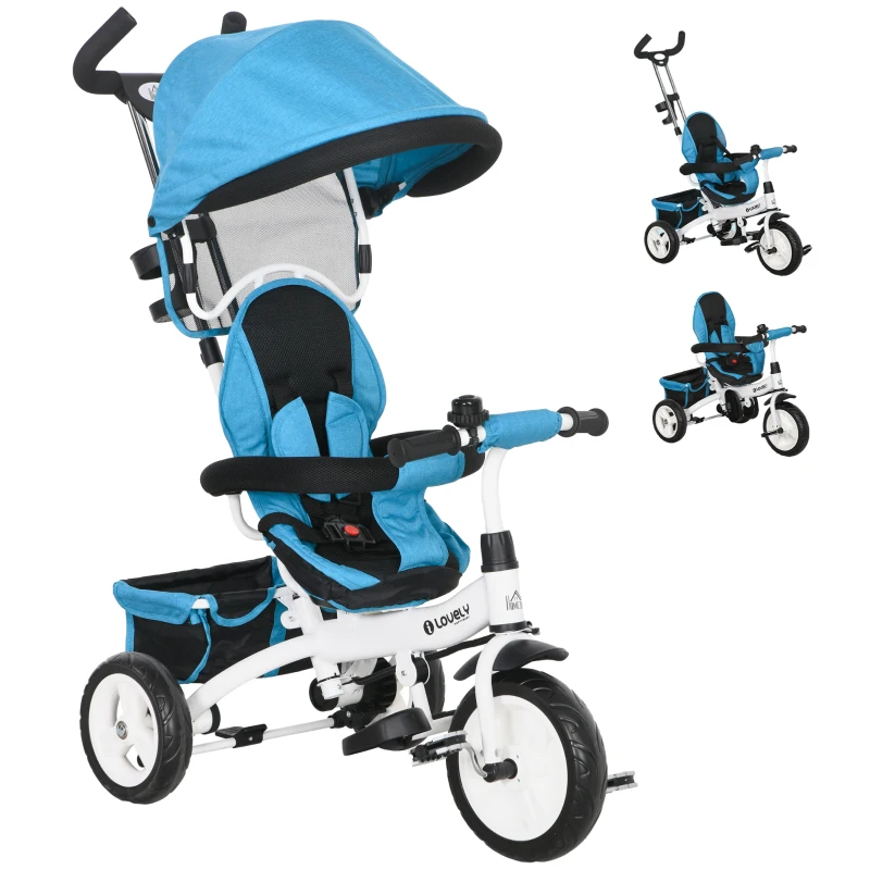 HOMCOM 6-in-1 Kinderdreirad mit Schiebestange, Dach, Gurt, Ablagekorb, für 1-5 Jahre, Blau