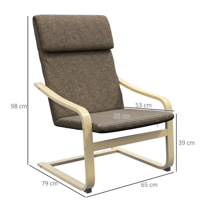 HOMCOM Fauteuil in linnenlook met hoofdsteun en armleuningen, houten frame, bruin+ naturel