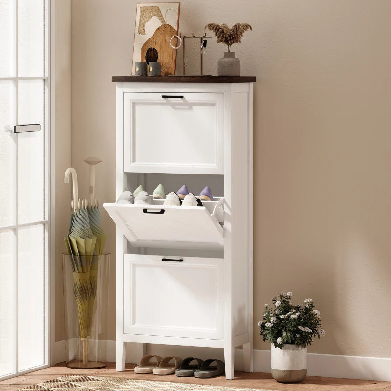 HOMCOM Shoe Cabinet with 3 Flip Drawers, Farmhouse Narrow Shoe Storage Cabinet with Adjustable Shelves, White