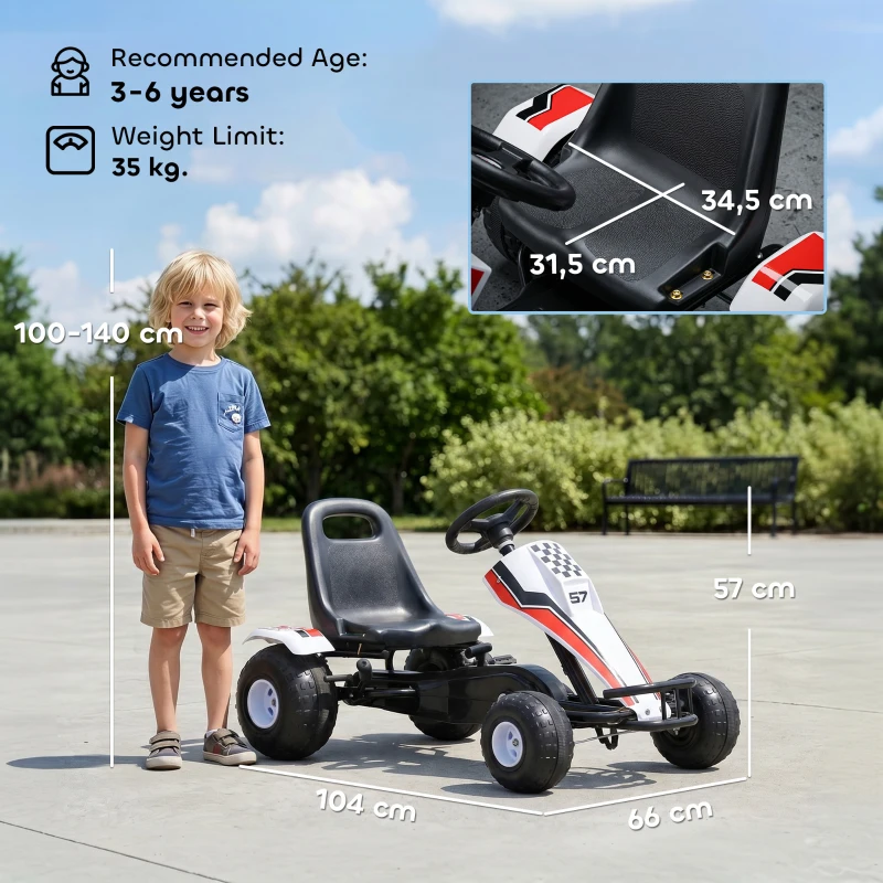 HOMCOM Go Kart a Pedales para Niños de +3 Años Coche de Pedales Infantil con Asiento Ajustable y Freno de Mano 104x66x57 cm Blanco y Negro