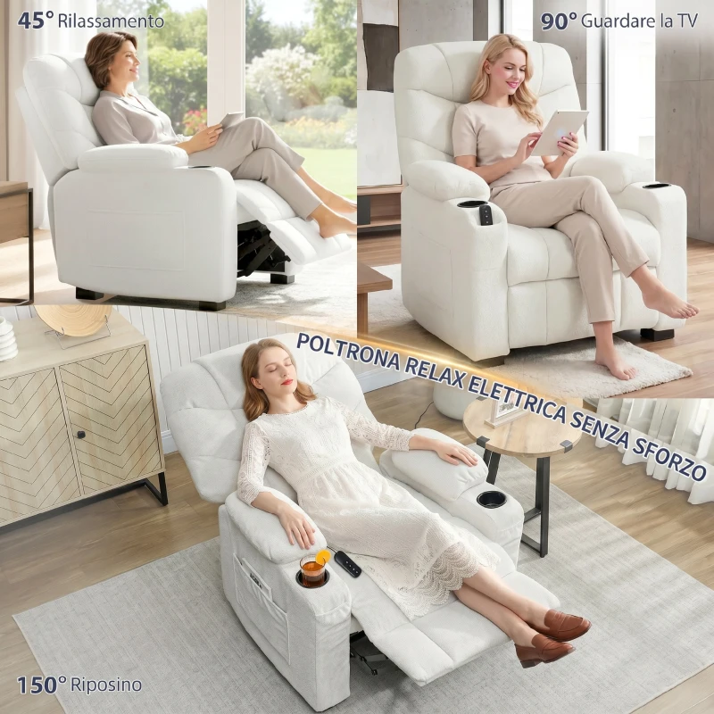 HOMCOM Poltrona Relax Elettrica Reclinabile 150° con Poggiapiedi, Funzione Memory, Telecomando, in Velluto, Crema