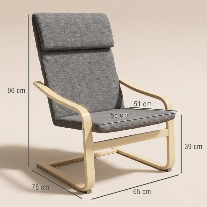 HOMCOM Fauteuil in linnenlook met hoofdsteun en armleuningen, houten frame, grijs+naturel