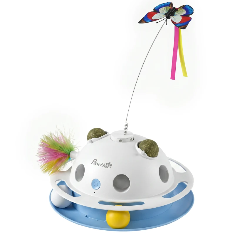 PawHut 4-in-1 Interactive Cat Toys for Indoor Cats Adult with Spinning Butterfly, Shooting Feathers & Catnip Balls