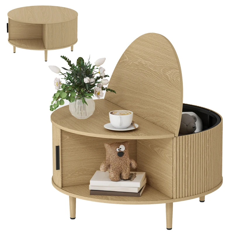 HOMCOM Table Basse Ronde 80 cm avec Plateau Relevable et Rangement Caché, Porte Coulissante à Rainures, Bois Naturel