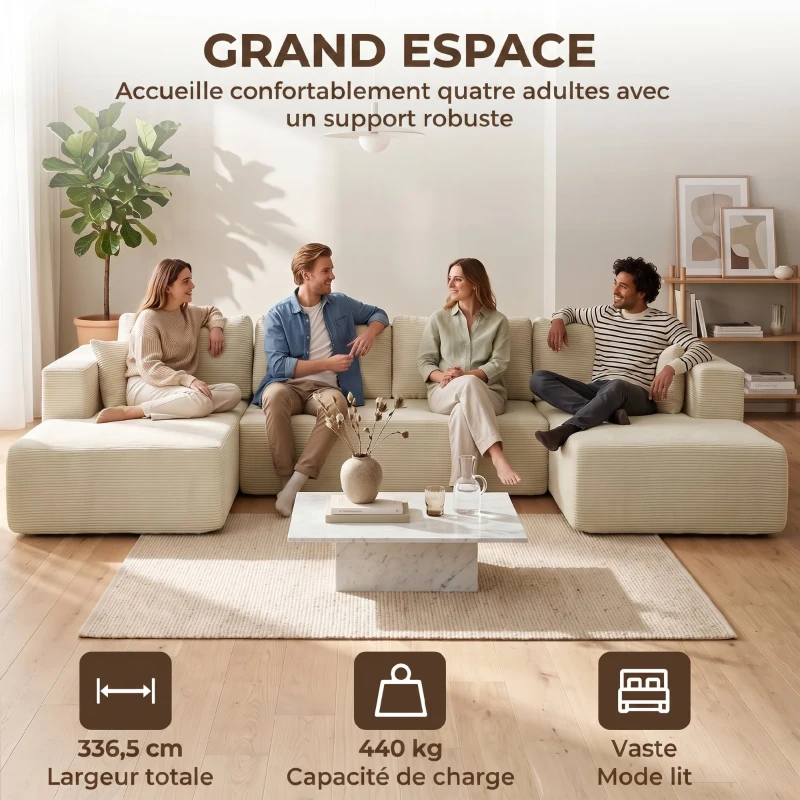 HOMCOM Canapé Modulaire en U Compressé 337 cm, Canapé Convertible 4 places en Velours Côtelé, Assise Large, Crème