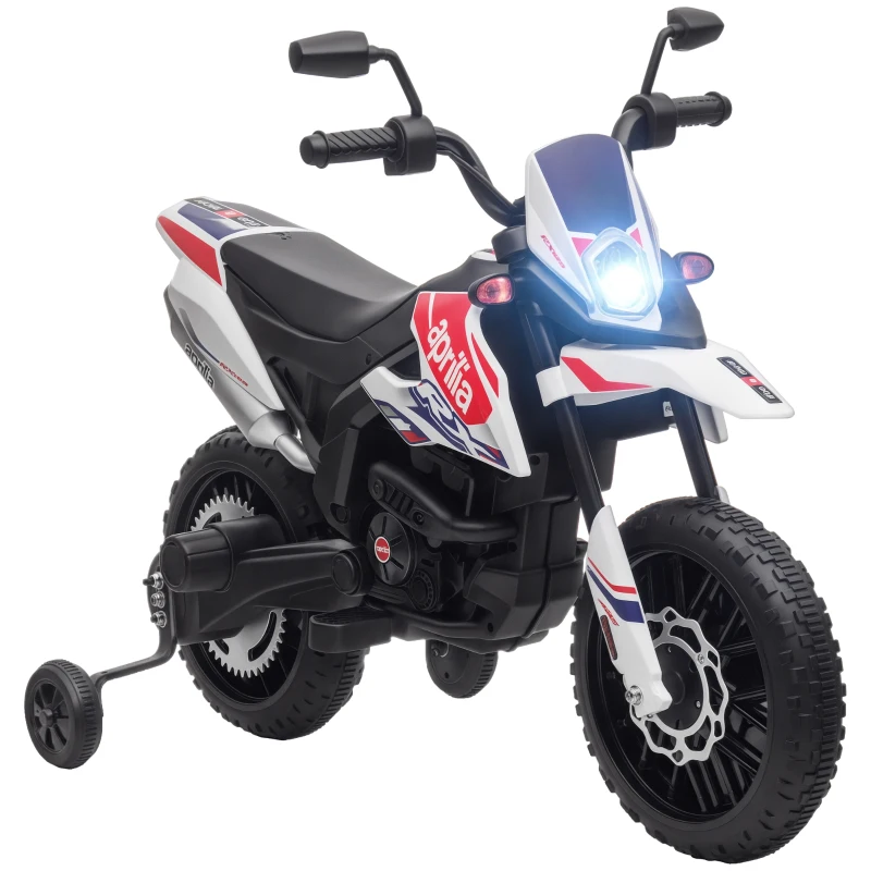 AIYAPLAY 12V kinder-motorfiets met steunwielen, LED-lichten, muziek, USB, elektrische motorfiets voor jongens en meisjes, wit