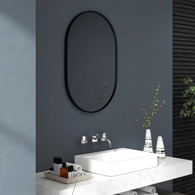 HOMCOM Miroir ovale mural cadre en aluminium style minimaliste montage vertical ou horizontal avec 3 crochets 60 x 90 cm noir