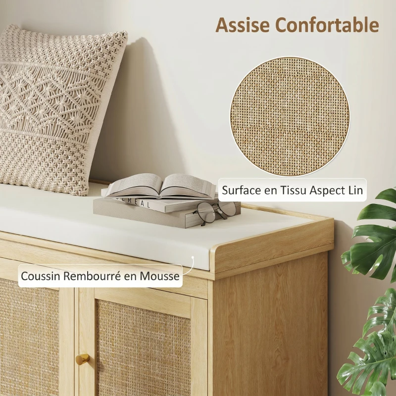 HOMCOM Banc chaussures entrée 9 paires, banc de rangement, 3 portes en rotin, coussin et étagère réglable, 105x35x47cm, chêne