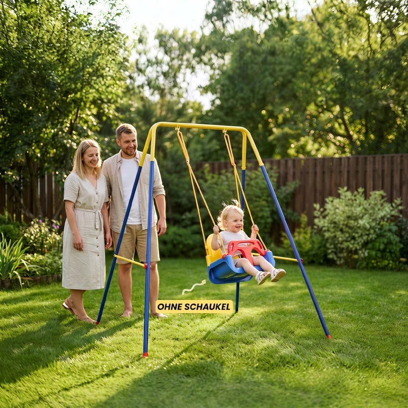 AIYAPLAY Inklapbaar schommelrek met A-frame, 2 haken, 4 grondankers, geschikt voor kinderen van 9 maanden tot 8 jaar, 128x155x157 cm, blauw