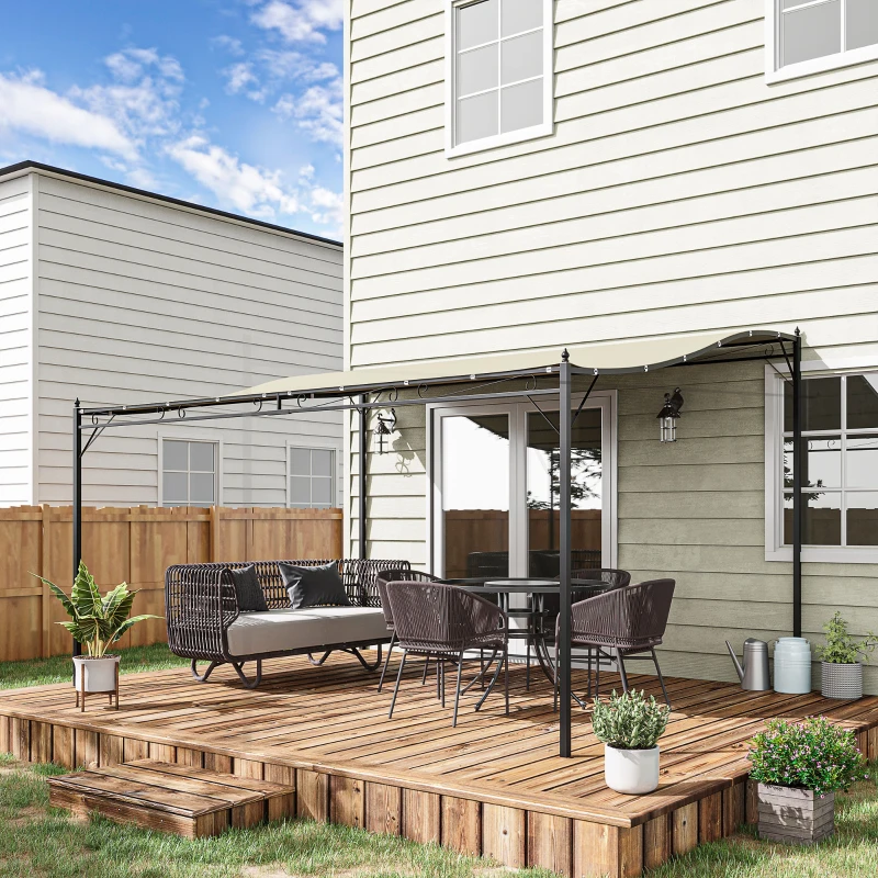Outsunny  Cenador de Jardín 4x3 m Pérgola Montado en Pared con Toldo y 16 Orificios de Drenaje Marco de Metal y Poliéster 180 g/m² para Patio Terraza Crema