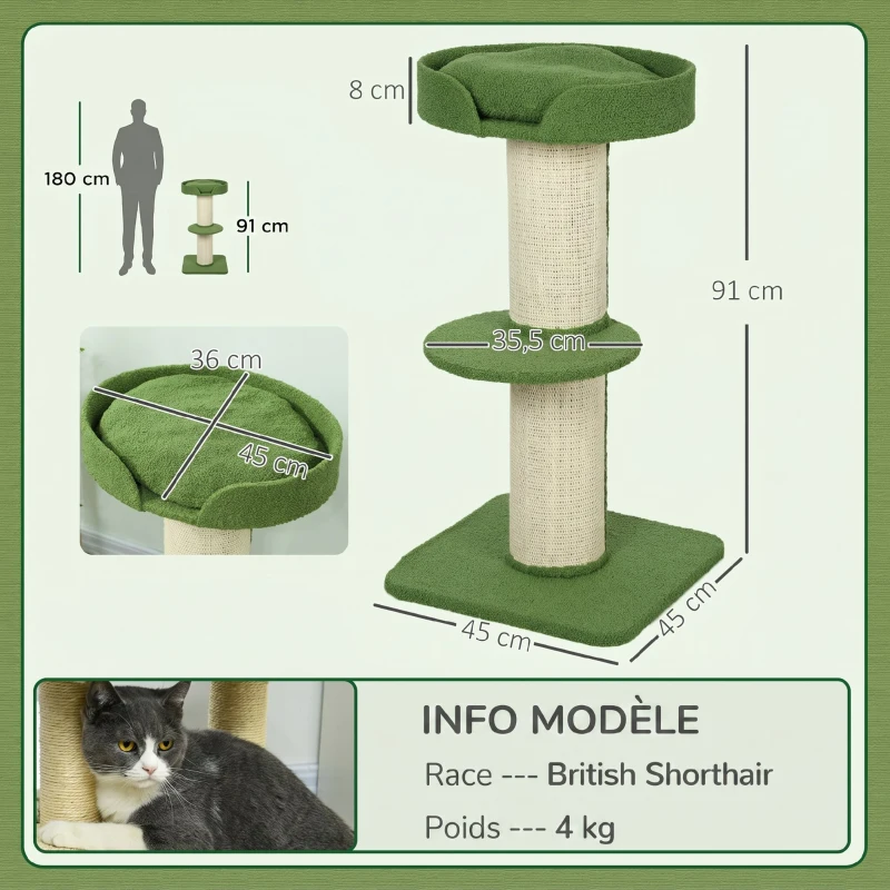 PawHut Arbre à Chat avec Griffoir, Centre d'Activités, Plateformes, Coussin, 45 x 45 x 91 cm, Vert et Beige