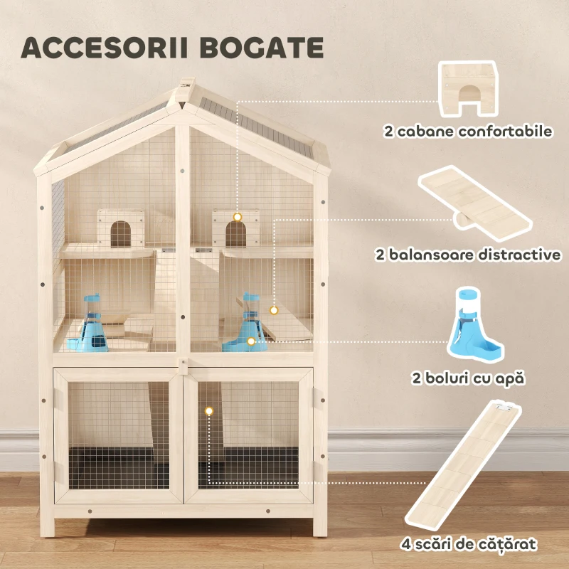 PawHut Cușcă pentru Hamsteri din Lemn cu 3 Niveluri cu Adăpătoare, Căsuțe, Leagăne, Tavă Detașabilă și Capace Rabatabile Natural