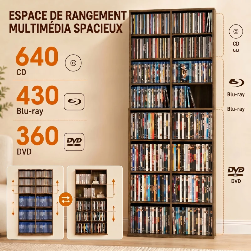 HOMCOM Rangements pour CD et DVD 18 compartiments capacité max. 640 CD/360 DVD 430 Blu-ray 78,5 x 24 x 175 cm noyer foncé