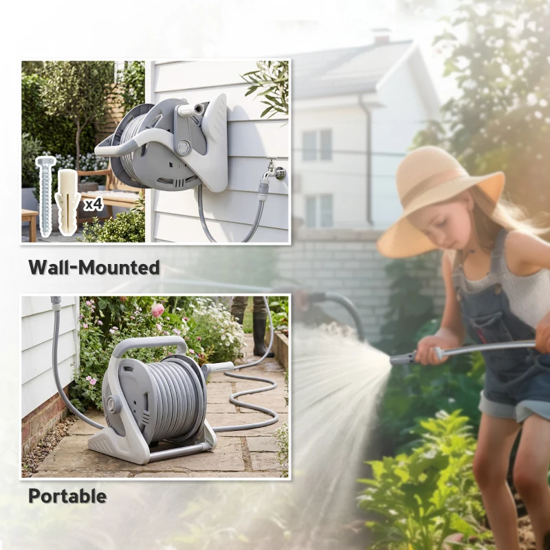 Outsunny Portable Garden Hose Reel, 20+2 m Wall Mounted Hose Reel with 2 Patterns Spray Nozzle and Crank Handle, Grey