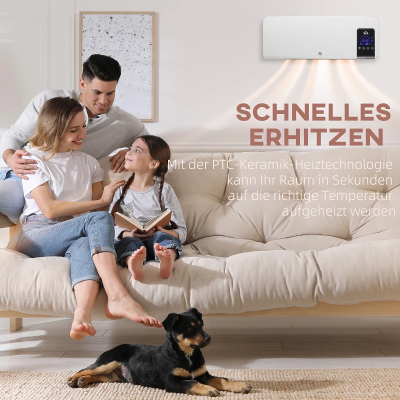 HOMCOM Elektrische verwarming, wandmontage, zwenkfunctie, 2 modi, timer, LED-display, Wit
