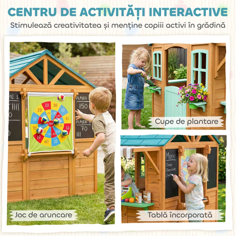 AIYAPLAY Căsuță de Joacă de Exterior cu Bar pentru Gustări, Ușă Pe Jumătate, Ferestre, Suporturi pentru Ghivece, Tablă de Desen, Tablă de Țintă, 4 Bile