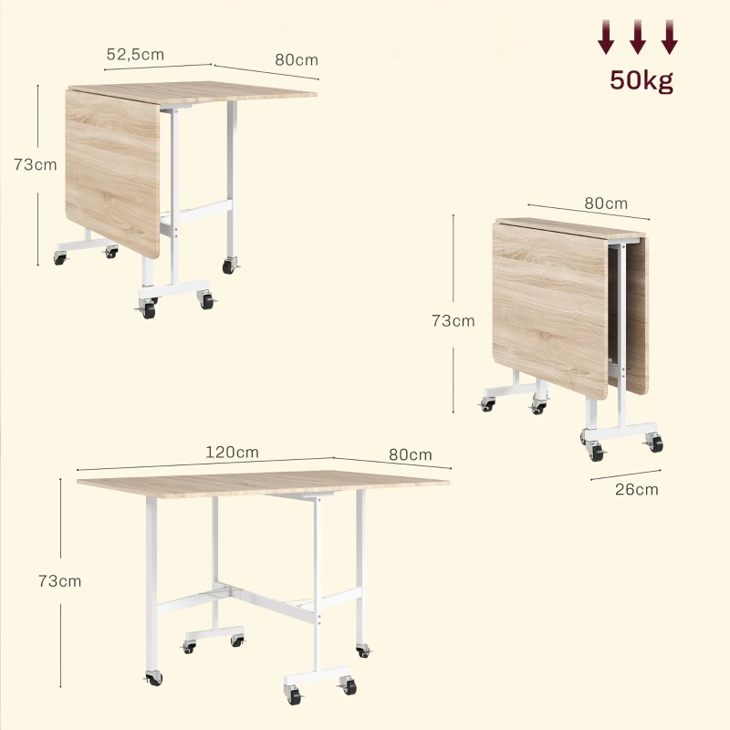HOMCOM Table à Manger Pliante sur Roulettes pour 4-6 Personnes 120 cm, Roues avec Freins, 2 Abattants, Style Industriel, Chêne