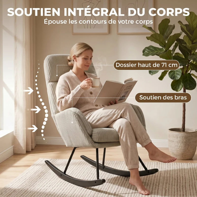 HOMCOM Fauteuil à Bascule, Rocking Chair en Velours Côtelé avec Dossier Haut et Accoudoirs, Pieds en Bois d'hévéa, Beige