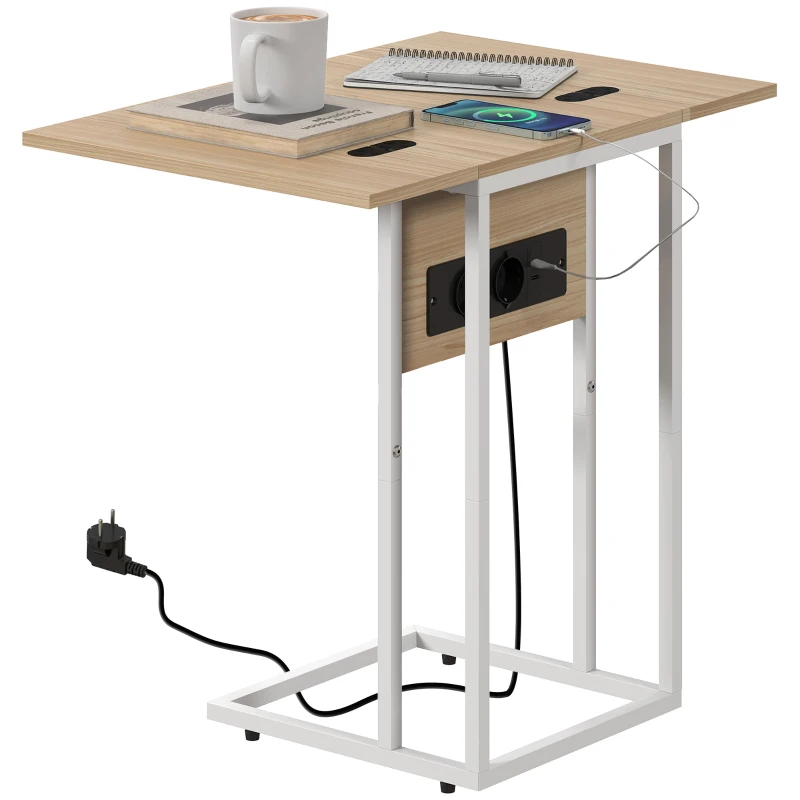 HOMCOM Opvouwbare Bijzettafel met Oplaadstation, USB-poorten, Metaal, 39 x 29 x 57 cm, Houtkleur