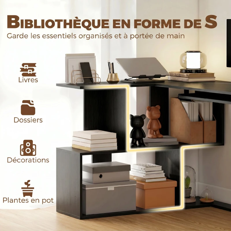 HOMCOM Bureau d'Angle, 120 x 100 x 76 cm, Bureau Informatique en L avec Plateau de Clavier, 4 Compartiments Ouverts, Noir